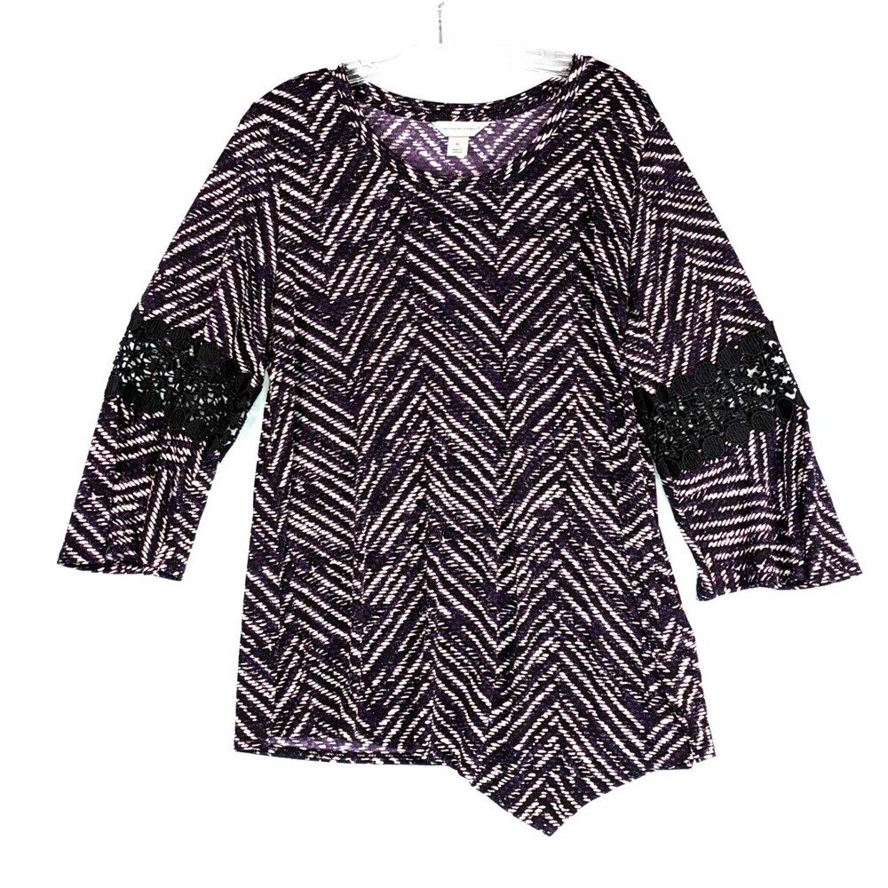 Christopher & Banks Womens XL Tunic Top Purple Black Zig Zag Crochet